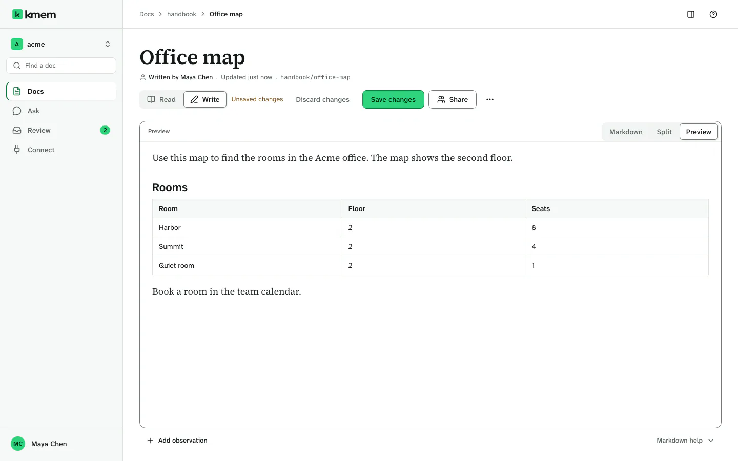 The editor in the Preview view, which shows the doc as its readers see it.