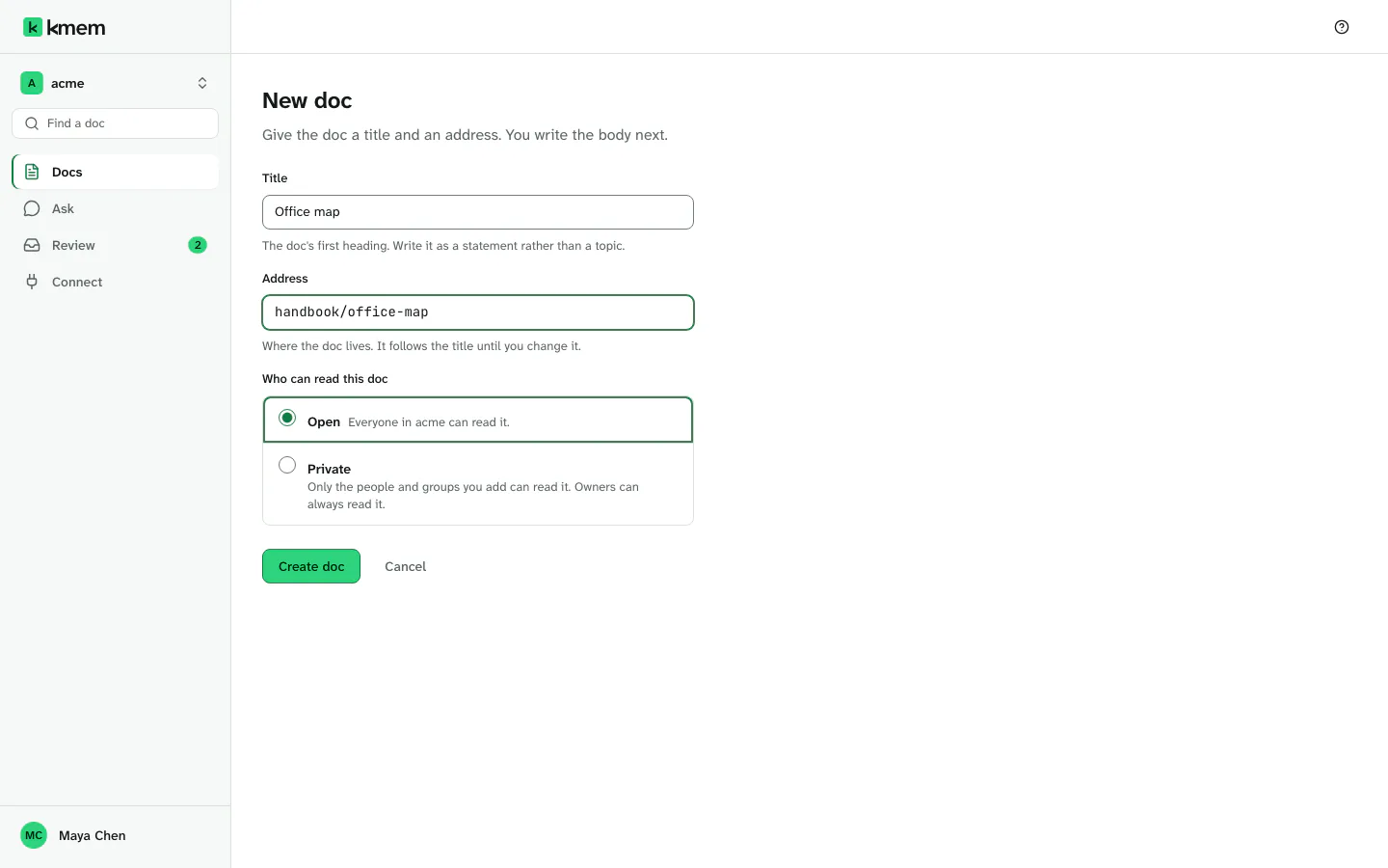 The New doc page with the Title and Address fields and the choice of who can open the doc.